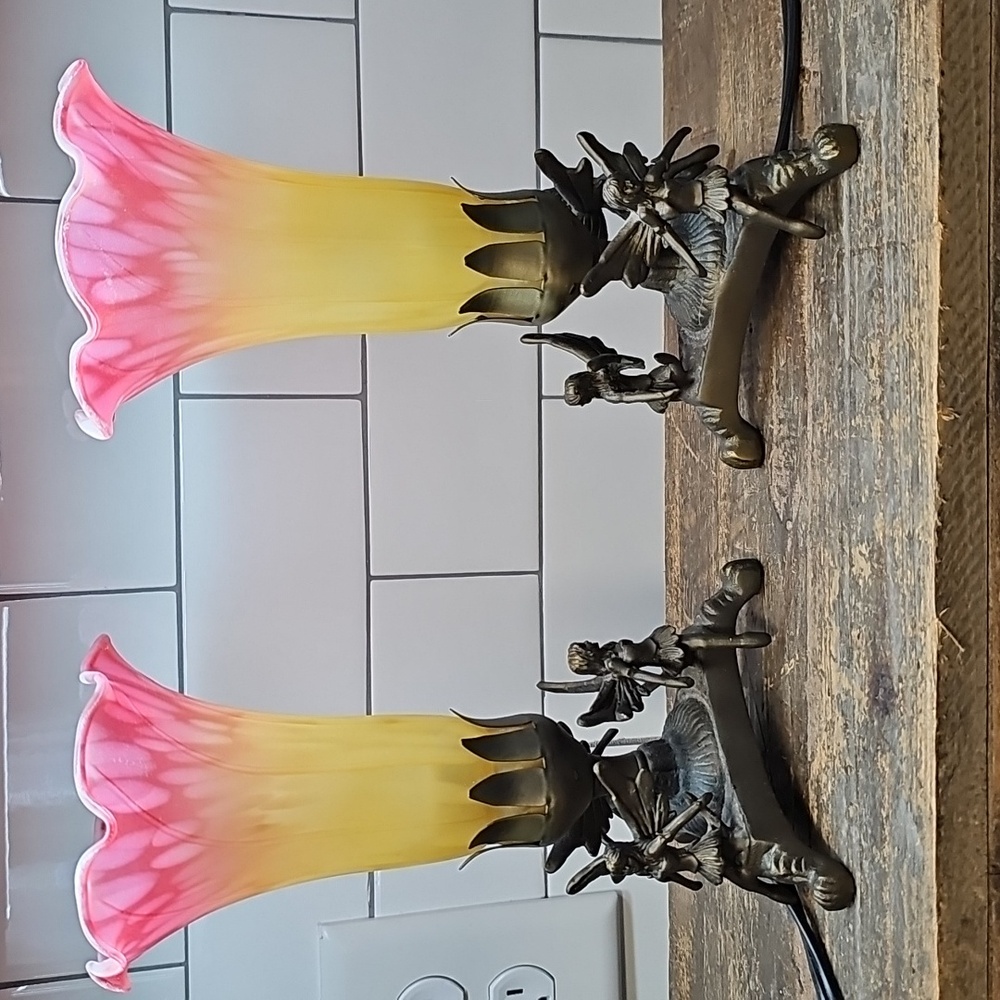 Pink and Yellow Glass Tiffany-Style Lamps with Metal Fairy Base